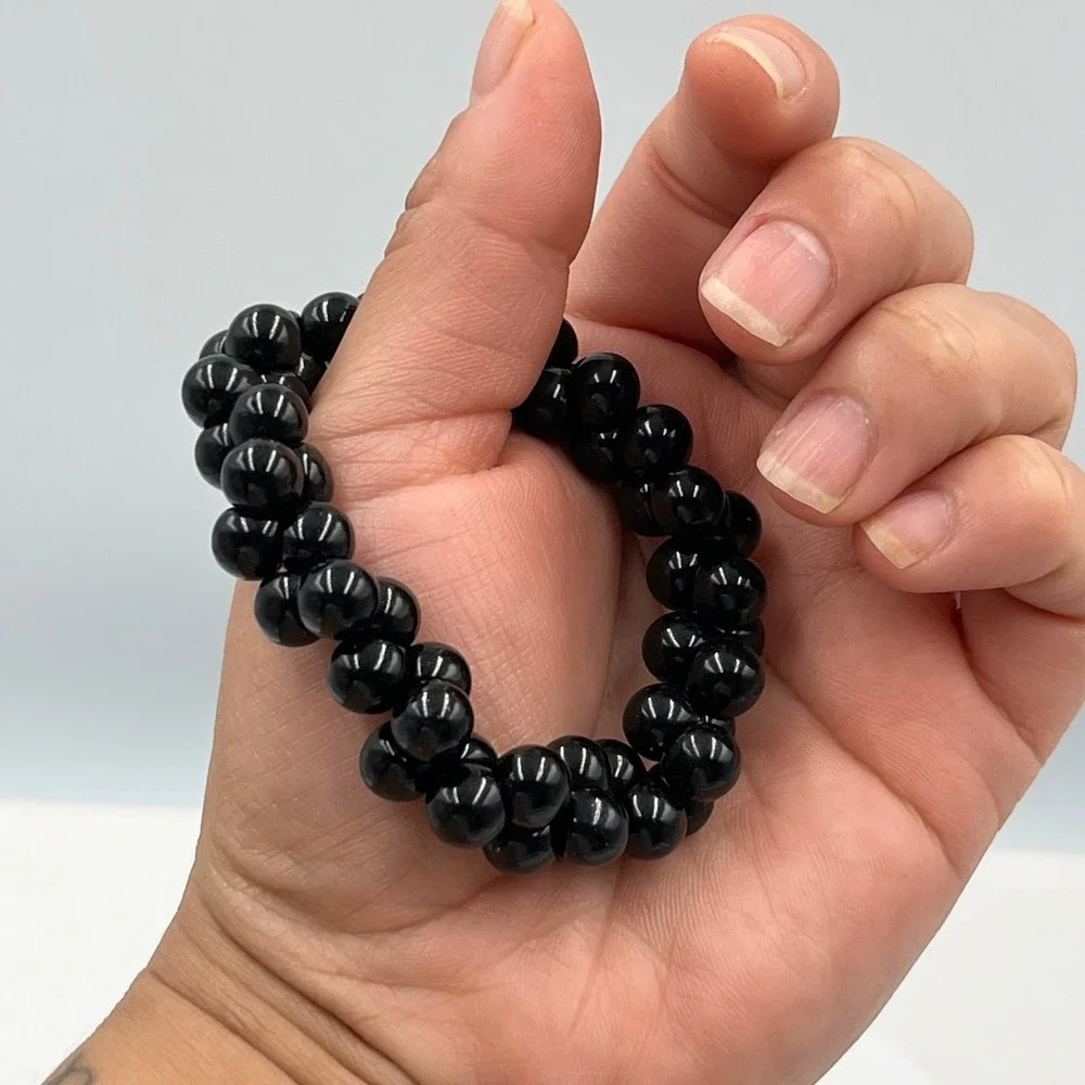 Vintage‎ Black Double Strand Beaded Stretch Bracelet Glossy Round Beads Classic